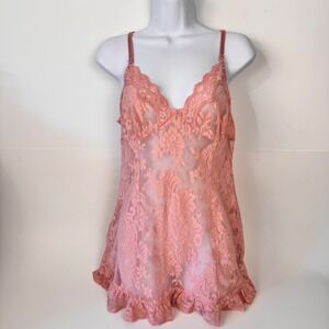 Victoria's Secret Lace Babydoll Women L Pink Sheer Ruffle Floral Chemise